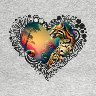 Exotic Ocelot in fantasy jungle, black lace heart T-Shirt